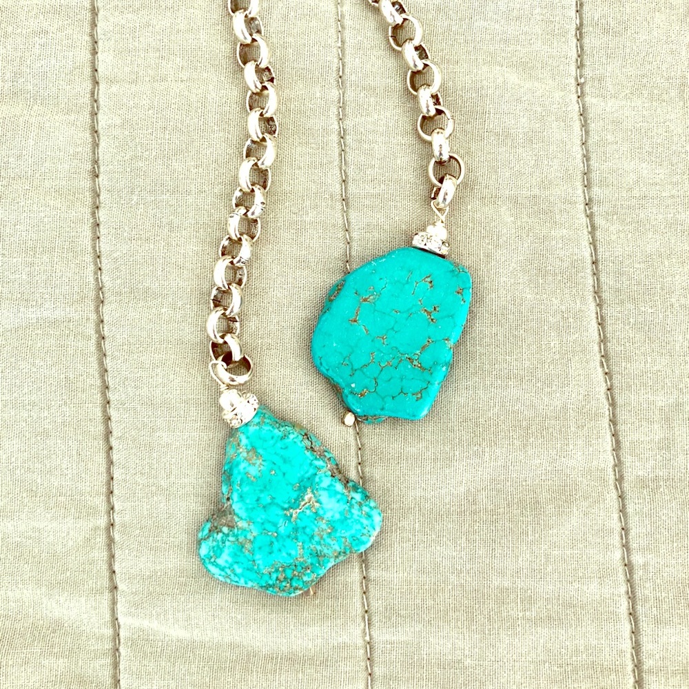 Boho chic silver chain turquoise lariat necklace